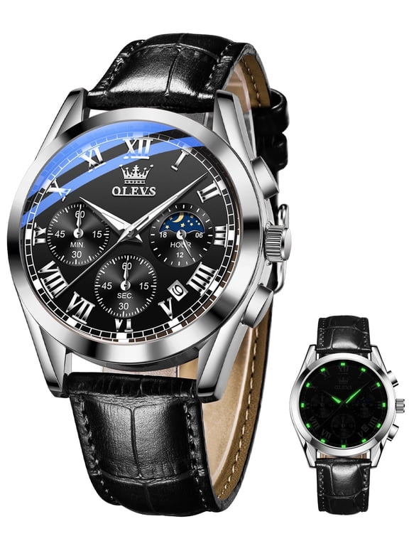 Mens Watches Luxury Chronograph Moon Phase Waterproof Luminous Black Leather Strap Date Silver Classic Watch for Men