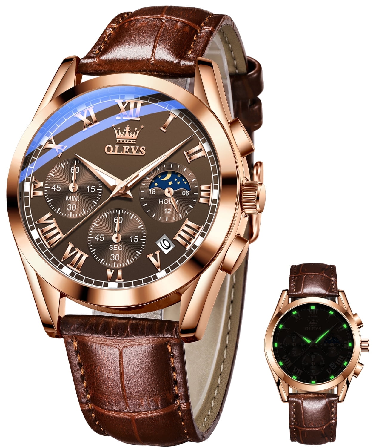 OLEVS Mens Watches Luxury Chronograph Moon Phase Waterproof Luminous Brown Leather Strap Date Rose Gold Classic Watch for Men