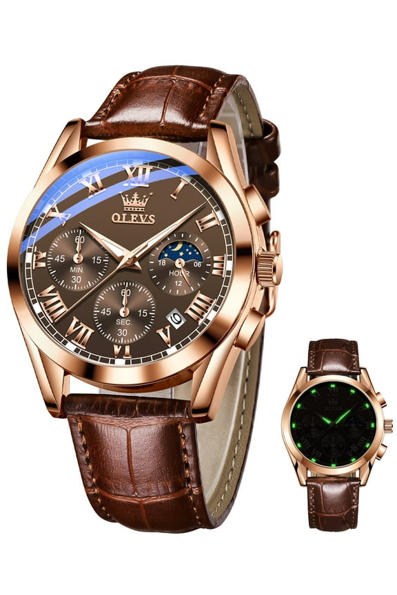Mens Watches Luxury Chronograph Moon Phase Waterproof Luminous Brown Leather Strap Date Rose Gold Classic Watch for Men
