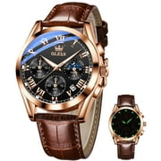 OLEVS Mens Watches Luxury Chronograph Moon Phase Waterproof Luminous Brown Leather Strap Date Rose Gold Classic Watch for Men