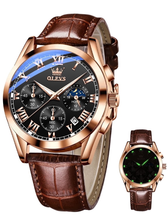 Mens Watches Luxury Chronograph Moon Phase Waterproof Luminous Brown Leather Strap Date Rose Gold Classic Watch for Men