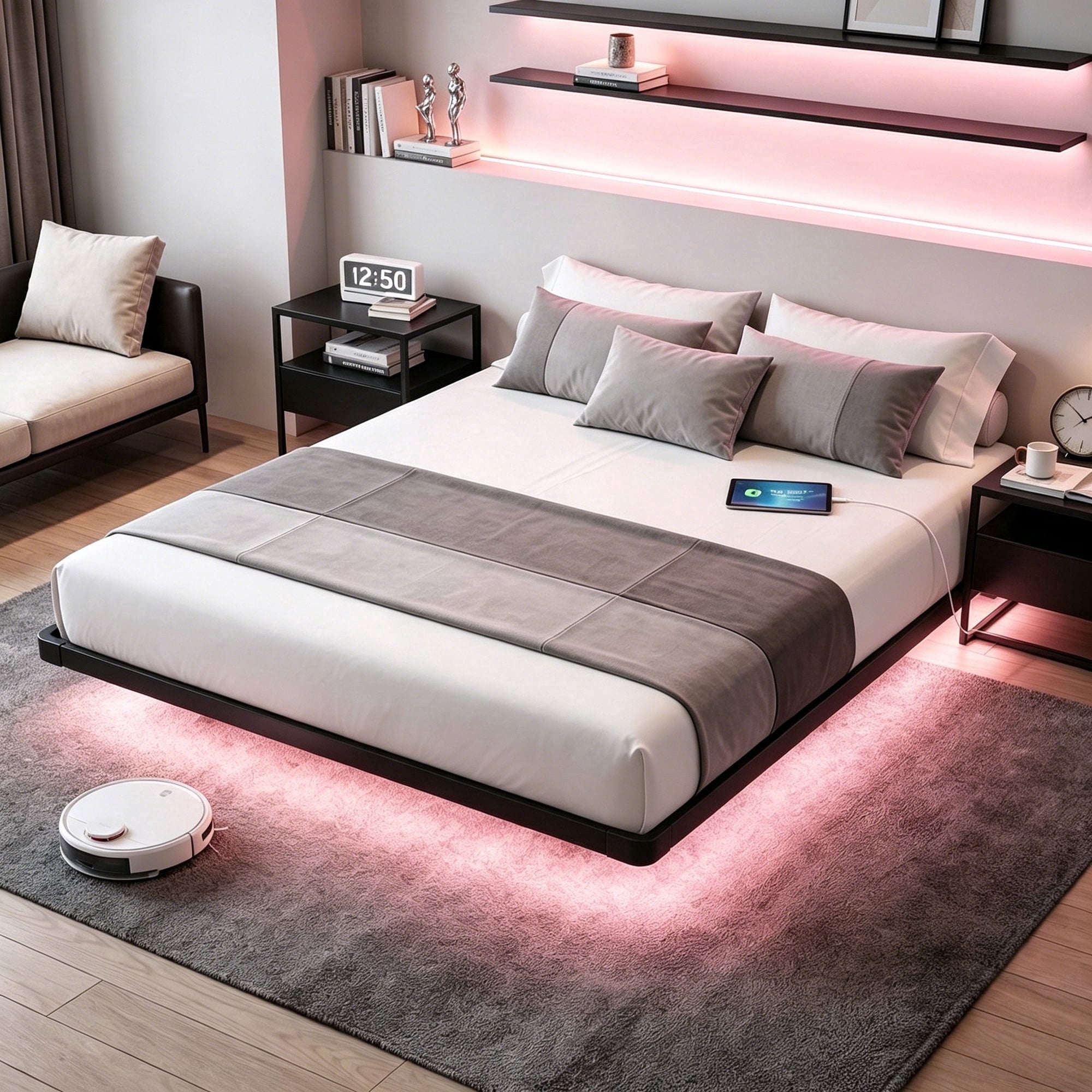 Dayago Minimalist Floating Queen Bed Frame with LED Lights and Charging Station, Sturdy Platform Design