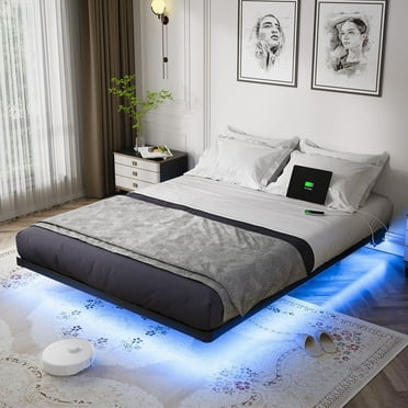 OLEVS Modern Floating Queen Bed Frame with LED Lights  and Charging Station No Box Spring Required