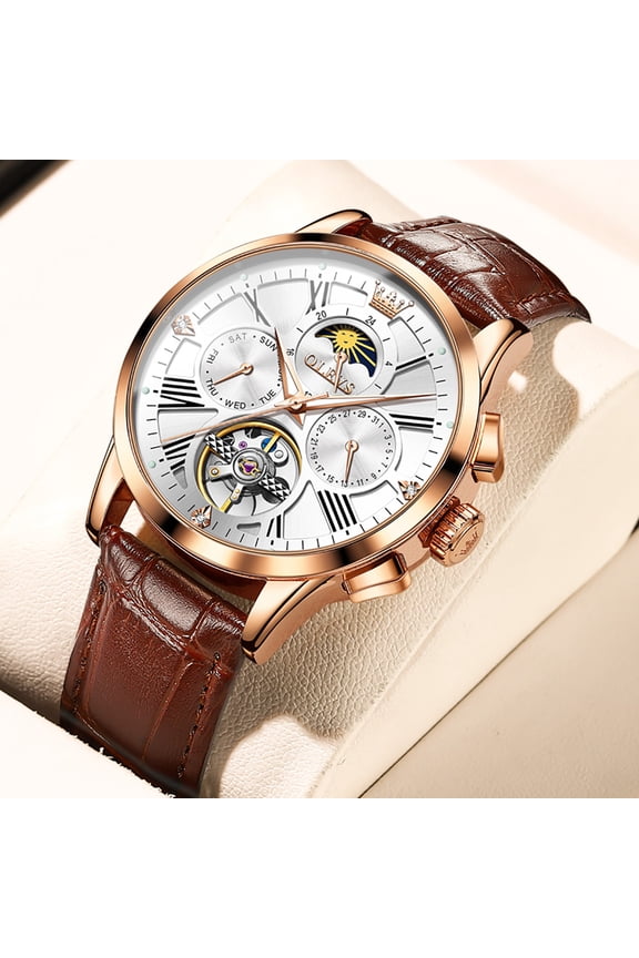 Multifunction Watches for Men Business Dress Self Winding Mechanical Skeleton Moon Phase Multi Calendar Mens Watches with Flywheel Pu Leather Men Wrist Watches Reloj para Hombre