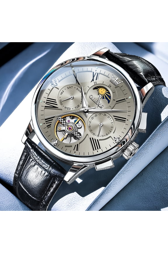 Multifunction Watches for Men Business Dress Self Winding Mechanical Skeleton Moon Phase Multi Calendar Mens Watches with Flywheel Pu Leather Men Wrist Watches Reloj para Hombre