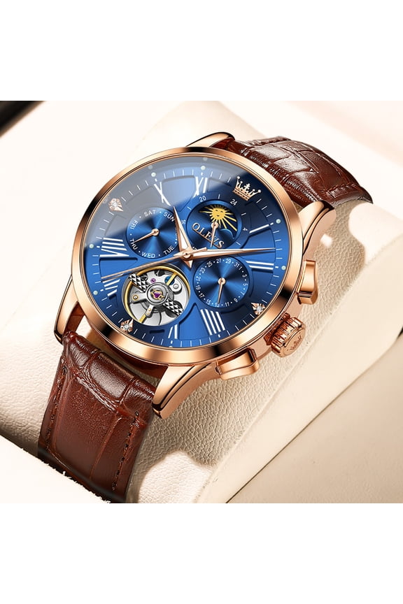 Multifunction Watches for Men Business Dress Self Winding Mechanical Skeleton Moon Phase Multi Calendar Mens Watches with Flywheel Pu Leather Men Wrist Watches Reloj para Hombre