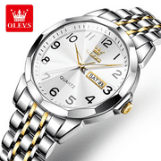 OLEVS Original Luxury Brand Watch for Men Waterproof Silver Stainless Steel Classic Casual Quartz Wristwatch Date Week Man with Gift Box