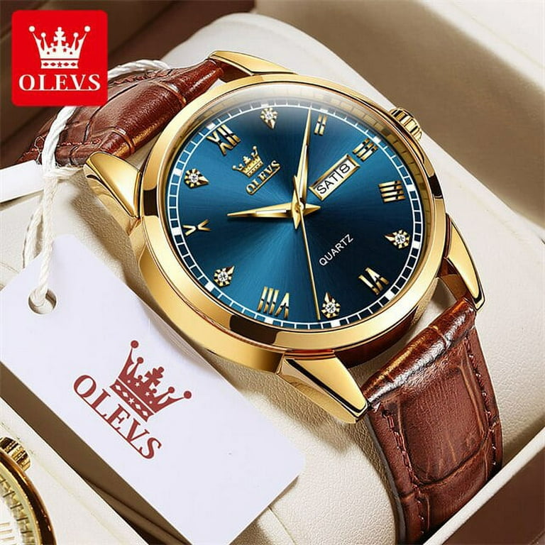 Olevs Original Men's Quartz Watch Leather Strap Diamond Design Fashion Simplicity Business Wrist Watch for Men Auto Date Clock, Size: One size, Blue