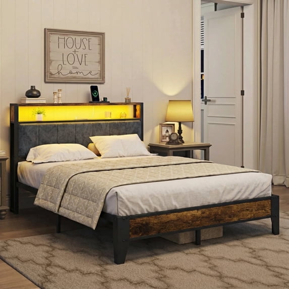 OLEVS Queen Bed Frame with Headboard, LED Light, Type C & USB Charging Station