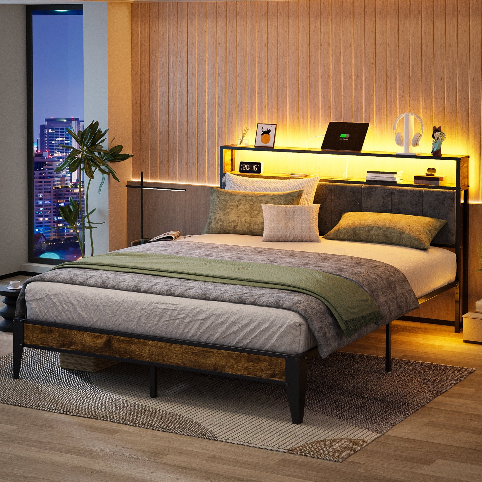 Dayago Queen Size Bed Frame, Storage Headboard with Charging Station, Solid and Stable, Noise Free, No Box Spring Needed, Easy Assembly, Rustic Brown