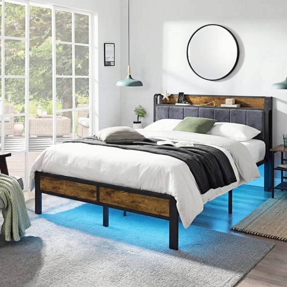 Dayago Queen Size Bed Frame with Headboard, LED Light, Charging Station, No Box Spring Required