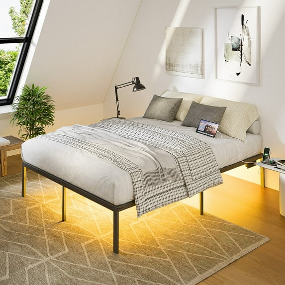 Carlno Queen Bed Frame with LED Light and Charging Station, No Box Spring Needed, Easy Assembly