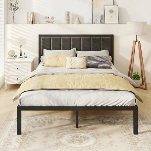 Dayago Queen Size Bed Frame with Upholstered Headboard, LED Light and USB Socket, No Box Spring Needed