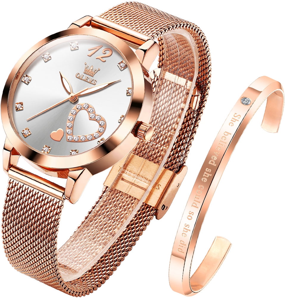 OLEVS Rose Gold Watches for Women Fashion Dress Elegant Luxury Womens Watches Japanese Analog Quartz Diamond Waterproof Luminous Ladies Watches Bracelet Gifts Set Reloj para Mujer