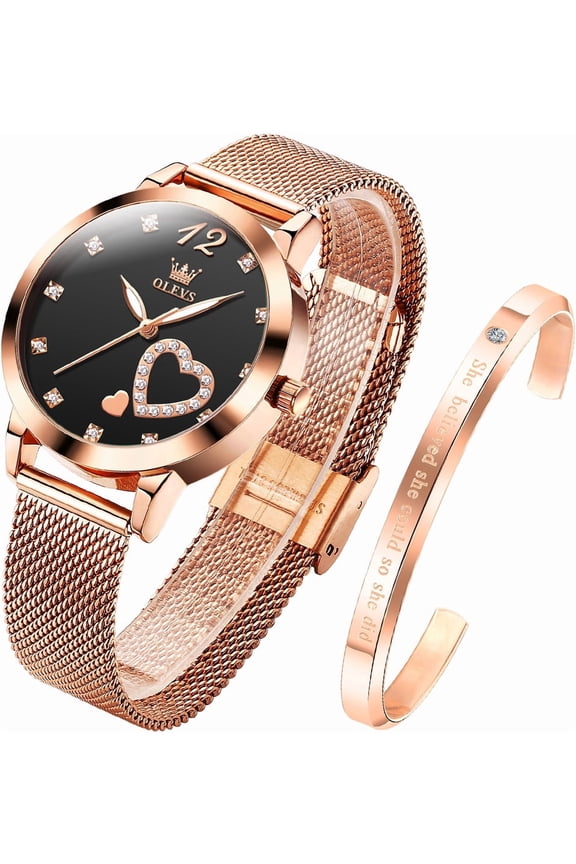 Rose Gold Watches for Women Fashion Dress Elegant Luxury Womens Watches Japanese Analog Quartz Diamond Waterproof Luminous Ladies Watches Bracelet Gifts Set Reloj para Mujer