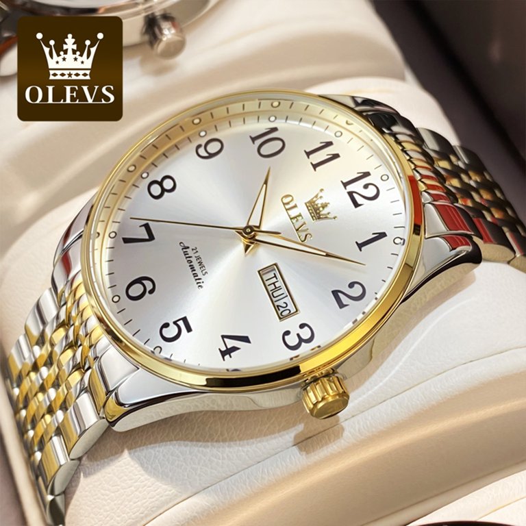 OLEVS Self Winding Watches for Men Large Face Arabic Numerals Dial Easy Reader Gold Silver Tone Stainless Steel Band Waterproof Reloj Para Hombre