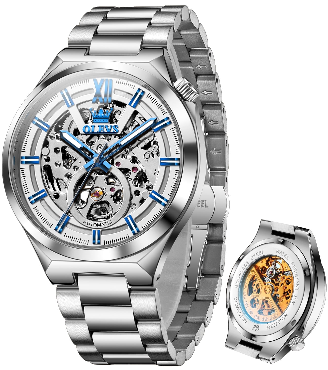 OLEVS Skeleton Watches for Men Luxury Dress Automatic Self Winding Mechanical Gold Plated Stainless Steel Waterproof Luminous Business Men Wrist Watch Reloj Para Hombre