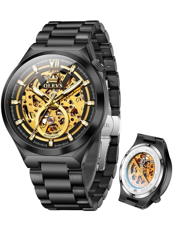 Skeleton Watches for Men Luxury Dress Automatic Self Winding Mechanical Gold Plated Stainless Steel Waterproof Luminous Business Men Wrist Watch Reloj Para Hombre