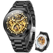 OLEVS Skeleton Watches for Men Luxury Dress Automatic Self Winding Mechanical Gold Plated Stainless Steel Waterproof Luminous Business Men Wrist Watch Reloj Para Hombre