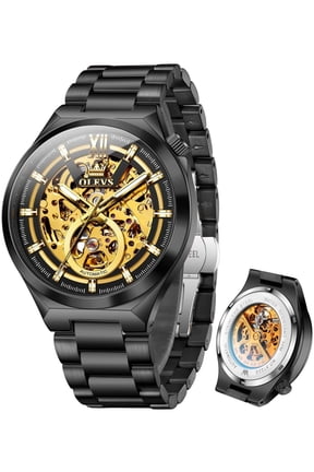 Skeleton Watches for Men Luxury Dress Automatic Self Winding Mechanical Gold Plated Stainless Steel Waterproof Luminous Business Men Wrist Watch Reloj Para Hombre