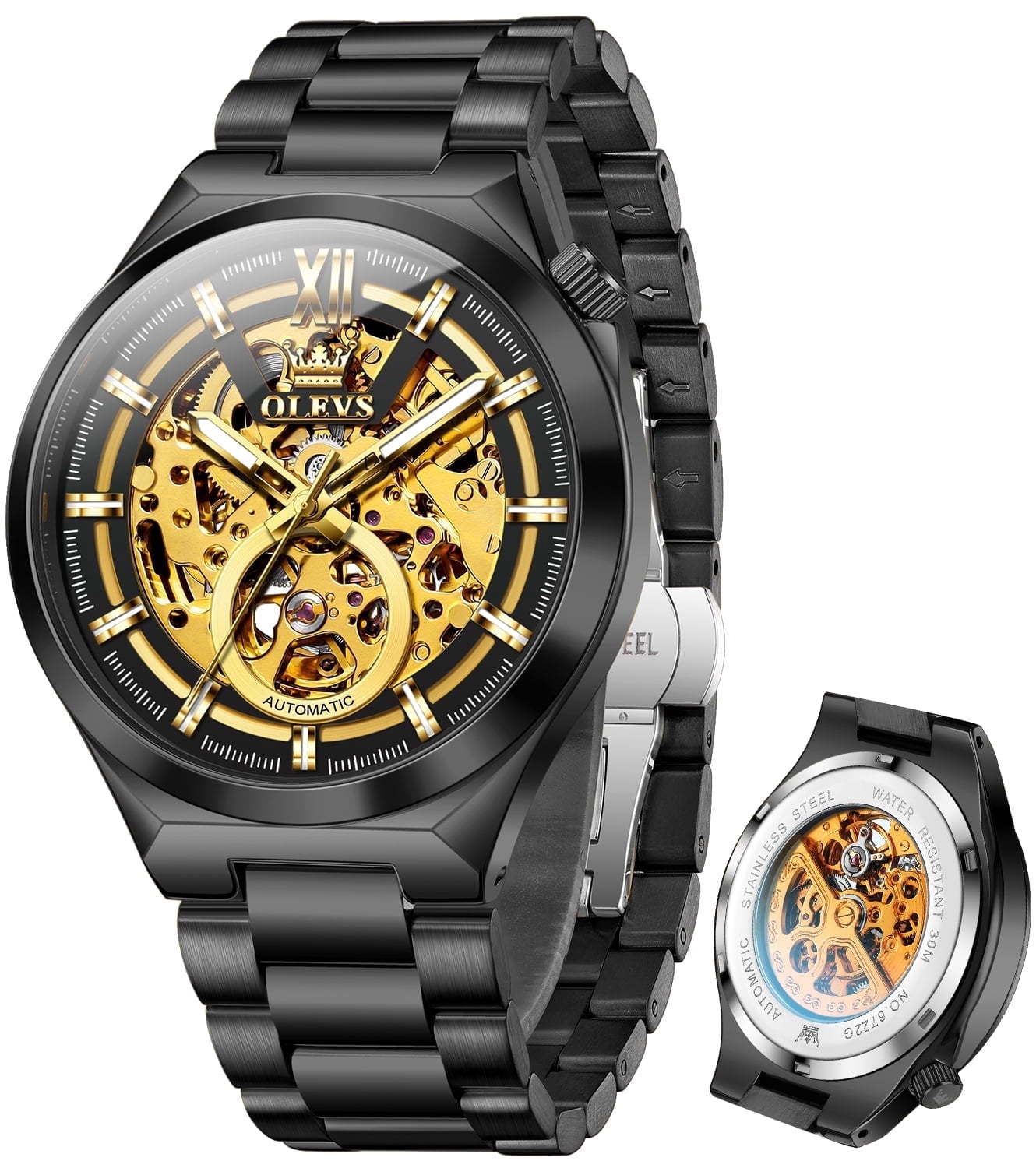 OLEVS Skeleton Watches for Men Luxury Dress Automatic Self Winding Mechanical Gold Plated Stainless Steel Waterproof Luminous Business Men Wrist Watch Reloj Para Hombre