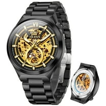 OLEVS Skeleton Watches for Men Luxury Dress Automatic Self Winding Mechanical Gold Plated Stainless Steel Waterproof Luminous Business Men Wrist Watch Reloj Para Hombre