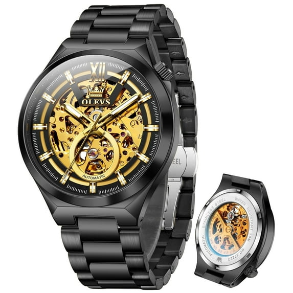 OLEVS Skeleton Watches for Men Luxury Dress Automatic Self Winding Mechanical Gold Plated Stainless Steel Waterproof Luminous Business Men Wrist Watch Reloj Para Hombre