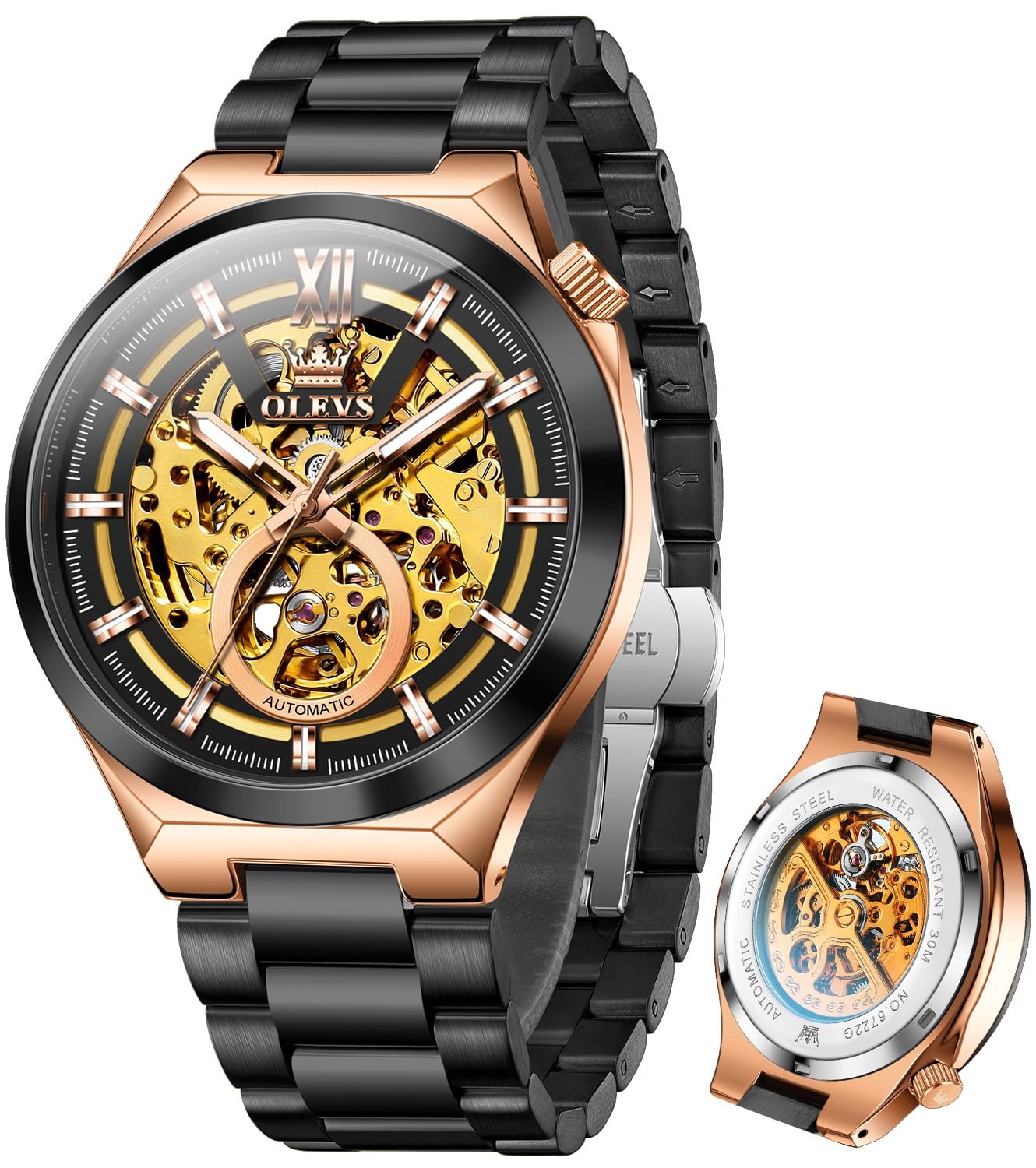 OLEVS Skeleton Watches for Men Luxury Dress Automatic Self Winding Mechanical Gold Plated Stainless Steel Waterproof Luminous Business Men Wrist Watch Reloj Para Hombre