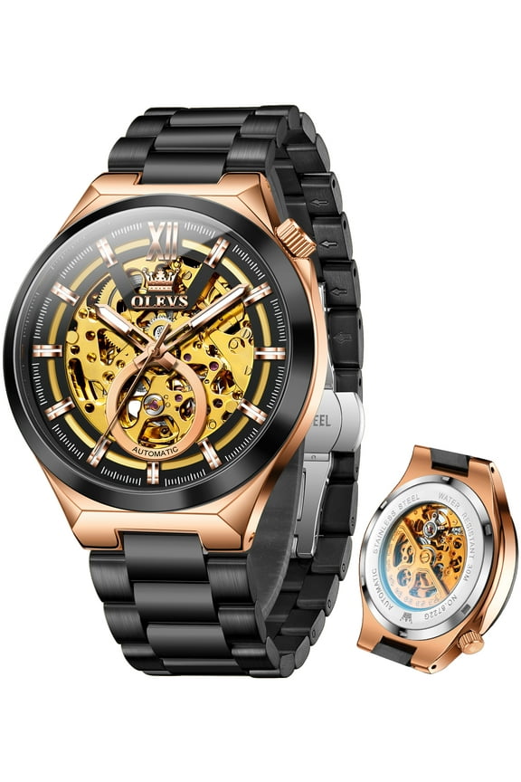 Skeleton Watches for Men Luxury Dress Automatic Self Winding Mechanical Gold Plated Stainless Steel Waterproof Luminous Business Men Wrist Watch Reloj Para Hombre