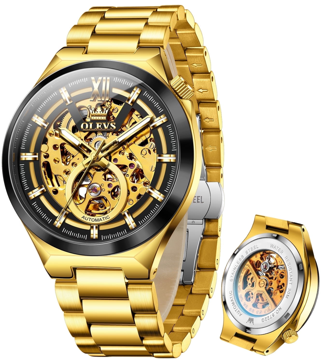 OLEVS Skeleton Watches for Men Luxury Dress Automatic Self Winding Mechanical Gold Plated Stainless Steel Waterproof Luminous Business Men Wrist Watch Reloj Para Hombre