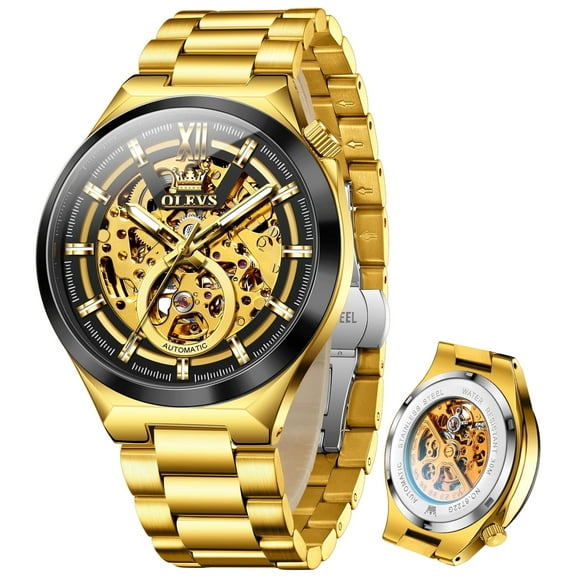 OLEVS Skeleton Watches for Men Luxury Dress Automatic Self Winding Mechanical Gold Plated Stainless Steel Waterproof Luminous Business Men Wrist Watch Reloj Para Hombre