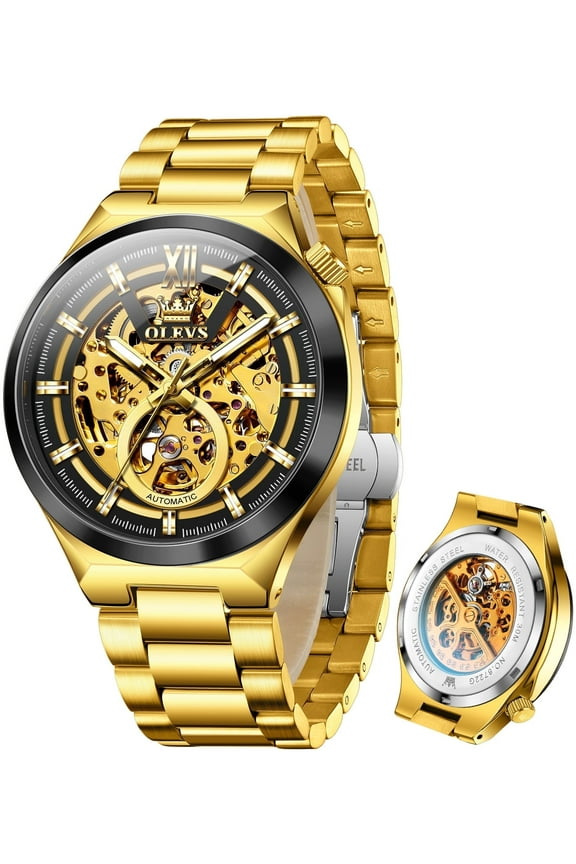 Skeleton Watches for Men Luxury Dress Automatic Self Winding Mechanical Gold Plated Stainless Steel Waterproof Luminous Business Men Wrist Watch Reloj Para Hombre