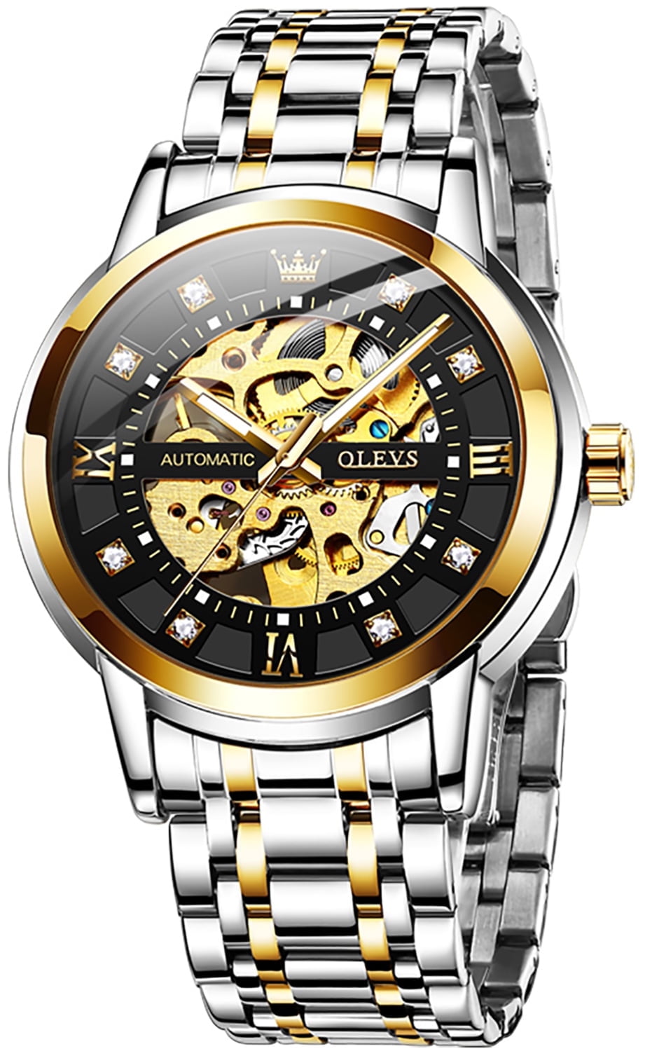 OLEVS Skeleton Watches for Mens Automatic Mechanical self Winding Diamond Luxury Business Dress Stainless Steel Waterproof Luminous Mens Wrist Watches Reloj Para Hombre Blue/White/Black/Gold Dial