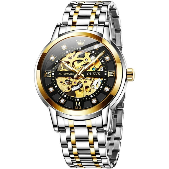 OLEVS Skeleton Watches for Mens Automatic Mechanical self Winding Diamond Luxury Business Dress Stainless Steel Waterproof Luminous Mens Wrist Watches Reloj Para Hombre Blue/White/Black/Gold Dial