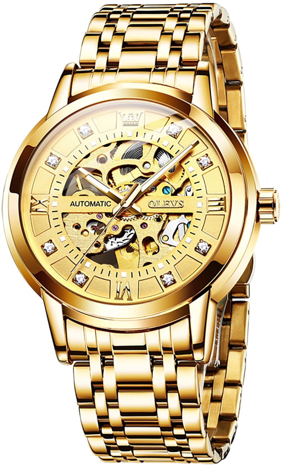 OLEVS Skeleton Watches for Mens Automatic Mechanical self Winding Diamond Luxury Business Dress Stainless Steel Waterproof Luminous Mens Wrist Watches Reloj Para Hombre Blue/White/Black/Gold Dial