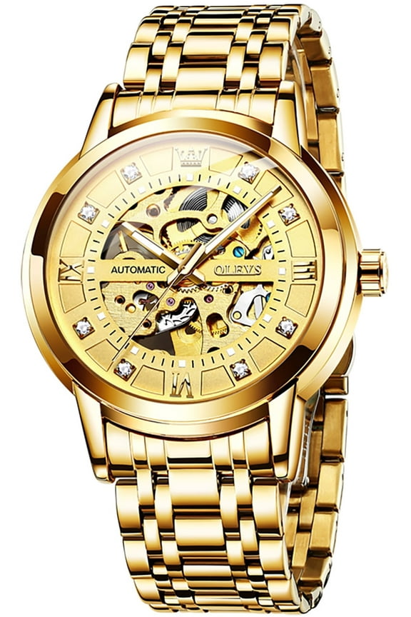 Skeleton Watches for Mens Automatic Mechanical self Winding Diamond Luxury Business Dress Stainless Steel Waterproof Luminous Mens Wrist Watches Reloj Para Hombre Blue/White/Black/Gold Dial