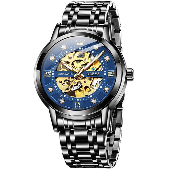 OLEVS Skeleton Watches for Mens Automatic Mechanical self Winding Luxury Business Dress Stainless Steel Waterproof Luminous Mens Wrist Watches Reloj Para Hombre Blue/White/Black/Plated Golden Dial