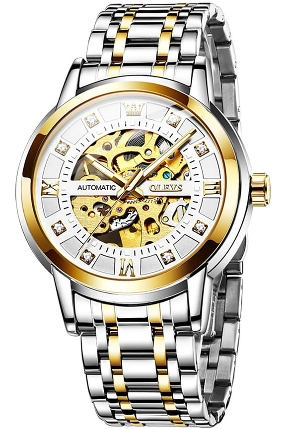 Skeleton Watches for Mens Automatic Mechanical self Winding Diamond Luxury Business Dress Stainless Steel Waterproof Luminous Mens Wrist Watches Reloj Para Hombre Blue/White/Black/Gold Dial