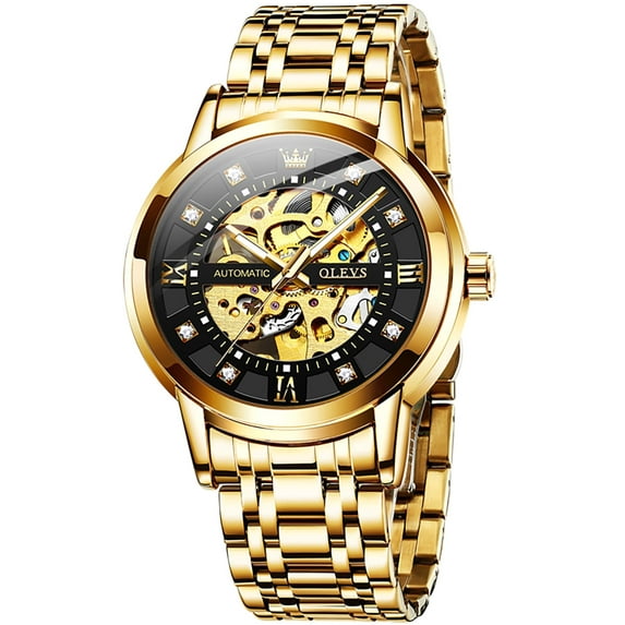 OLEVS Skeleton Watches for Mens Automatic Mechanical self Winding Diamond Luxury Business Dress Stainless Steel Waterproof Luminous Mens Wrist Watches Reloj Para Hombre Blue/White/Black/Gold Dial