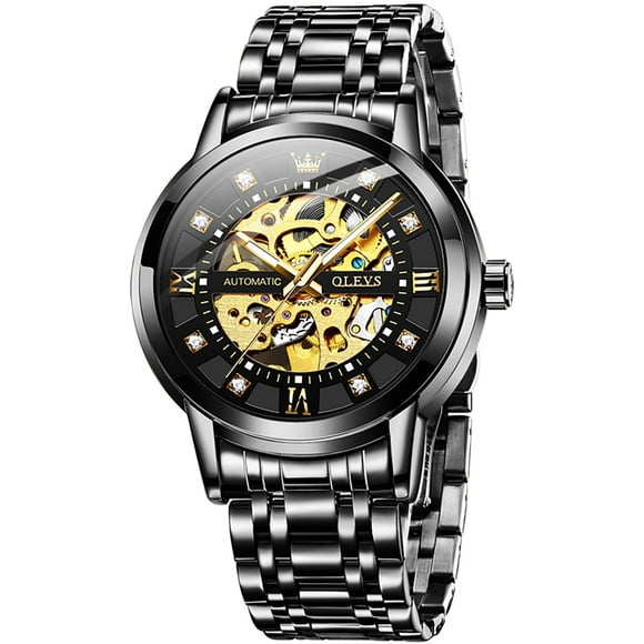 OLEVS Skeleton Watches for Mens Automatic Mechanical self Winding Diamond Luxury Business Dress Stainless Steel Waterproof Luminous Mens Wrist Watches Reloj Para Hombre Blue/White/Black/Gold Dial