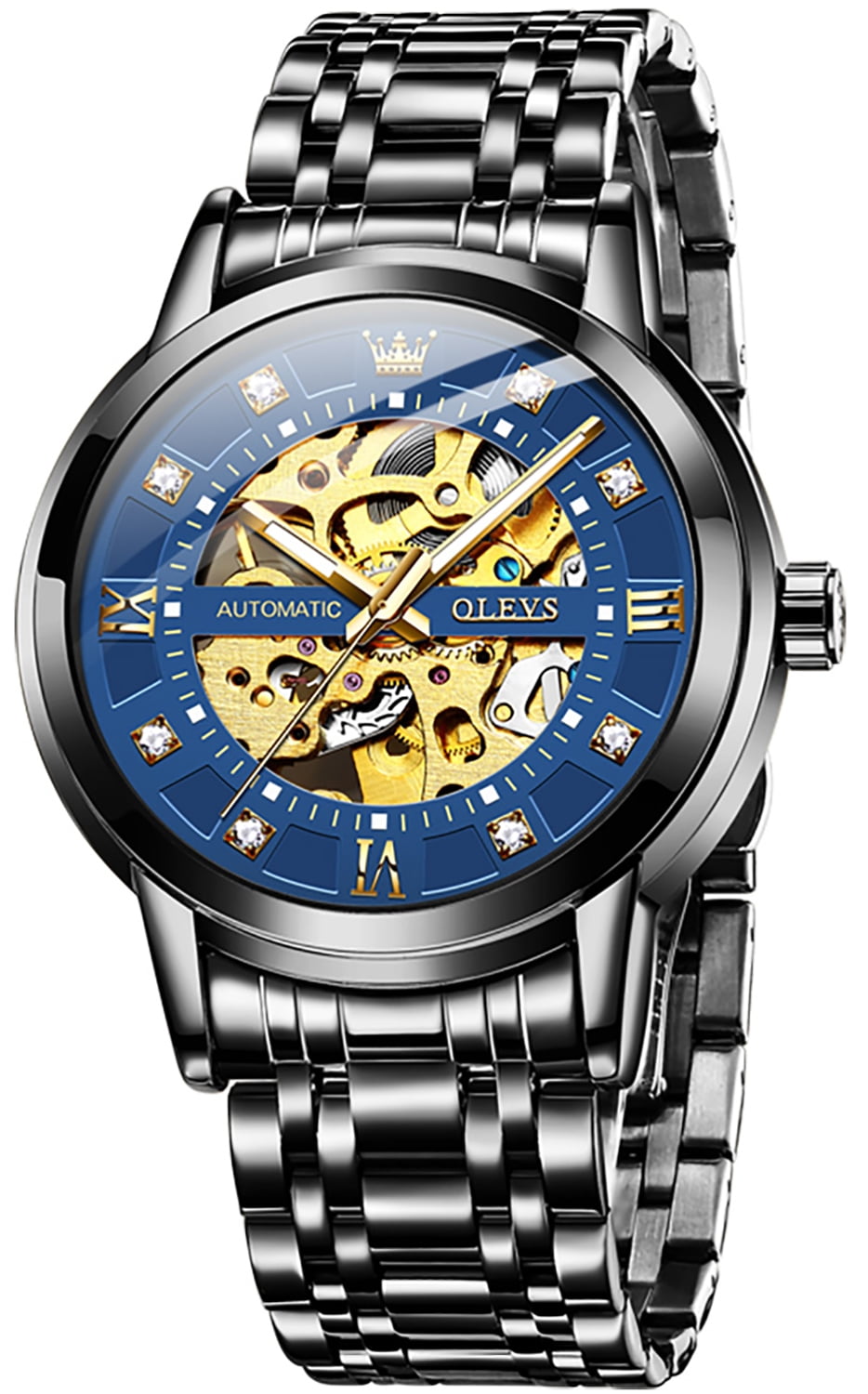 OLEVS Skeleton Watches for Mens Automatic Mechanical self Winding Diamond Luxury Business Dress Stainless Steel Waterproof Luminous Mens Wrist Watches Reloj Para Hombre Blue/White/Black/Gold Dial