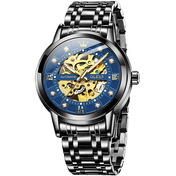 OLEVS Skeleton Watches for Mens Automatic Mechanical self Winding Diamond Luxury Business Dress Stainless Steel Waterproof Luminous Mens Wrist Watches Reloj Para Hombre Blue/White/Black/Gold Dial