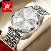 OLEVS Sliver Mens Watch Large White Face Watch Fashion Stainless Steel Strap Wrist Watches Date Watches For Men Sample Waterproof Watch Easy Read Watches Roman Numerals Watch