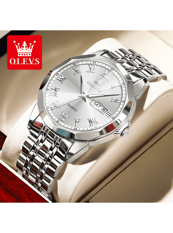 OLEVS Sliver Mens Watch Large White Face Watch Fashion Stainless Steel Strap Wrist Watches Date Watches For Men Sample Waterproof Watch Easy Read Watches Roman Numerals Watch