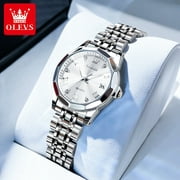 OLEVS Sliver Womens Watches Classic Dial Watches Sliver Stainless Steel Watches For Women Day Date Watches Women Analog Quartz Watches Diamond Watch For Ladies Roman Numerals Watch Relojes Para Mujer