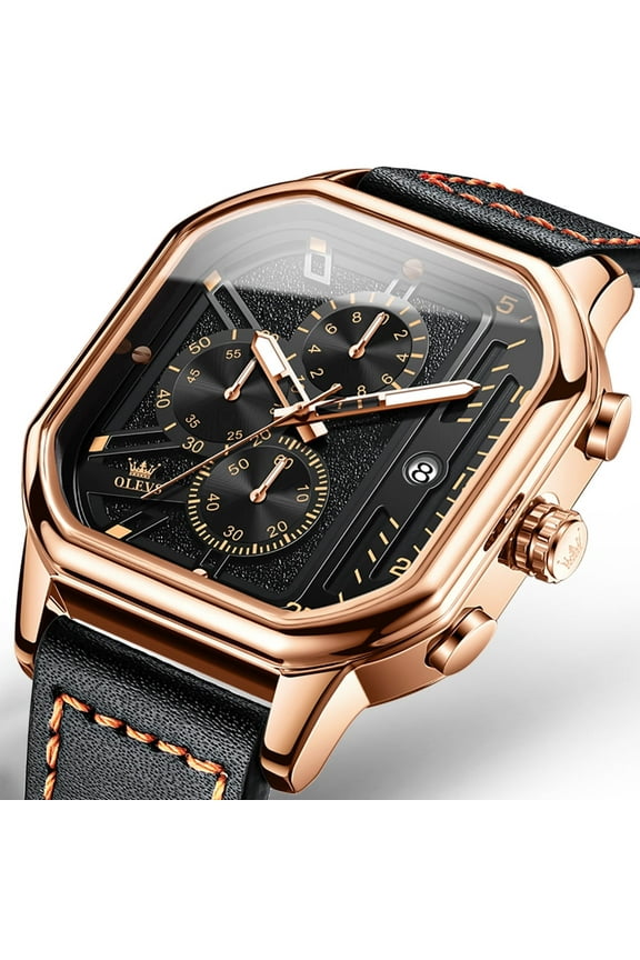 Square Watches for Men Black Leather Chronograph Analog Quartz Dress Watch Sports Fashion Waterproof Luminous Casual Wrist Watches Reloj para Hombre