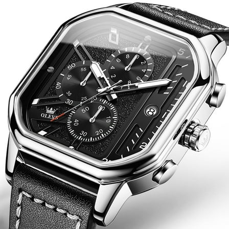 OLEVS Square Watches for Men Black Leather Chronograph Analog Quartz Dress Watch Sports Fashion Waterproof Luminous Casual Wrist Watches Reloj para Hombre