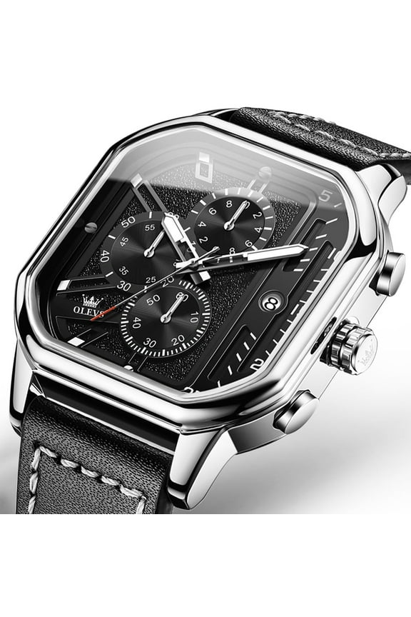 Square Watches for Men Black Leather Chronograph Analog Quartz Dress Watch Sports Fashion Waterproof Luminous Casual Wrist Watches Reloj para Hombre