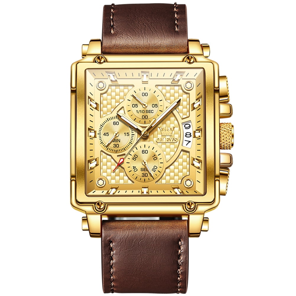 OLEVS Square Watches for Men Brown Leather Chronograph Fashion Business Watch Luminous Waterproof Casual Wrist Watches Reloj para Hombre