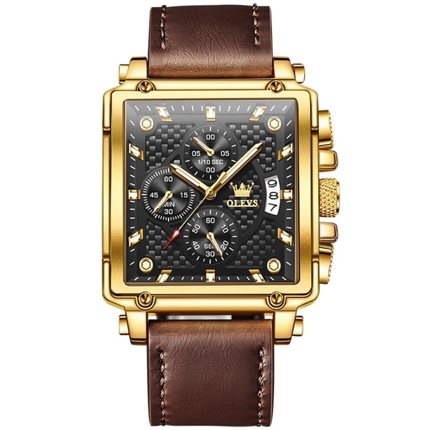 OLEVS Square Watches for Men Brown Leather Chronograph 